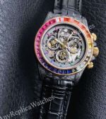 Rolex Daytona Skeleton Face Dandong 4130 Movement 40mm Rainbow Bezel Black Leather Band Watch